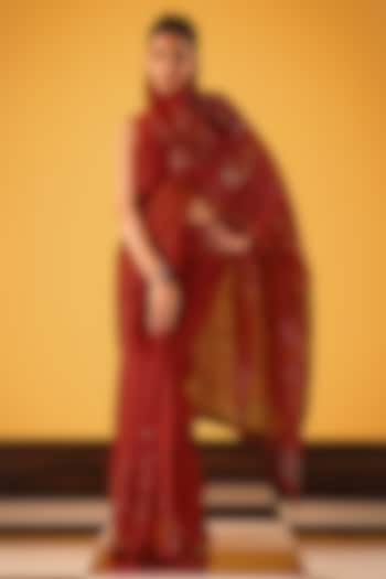 Red Silk Organza Sequin Embellished Wedding Saree by Satya Paul at Pernia's Pop Up Shop