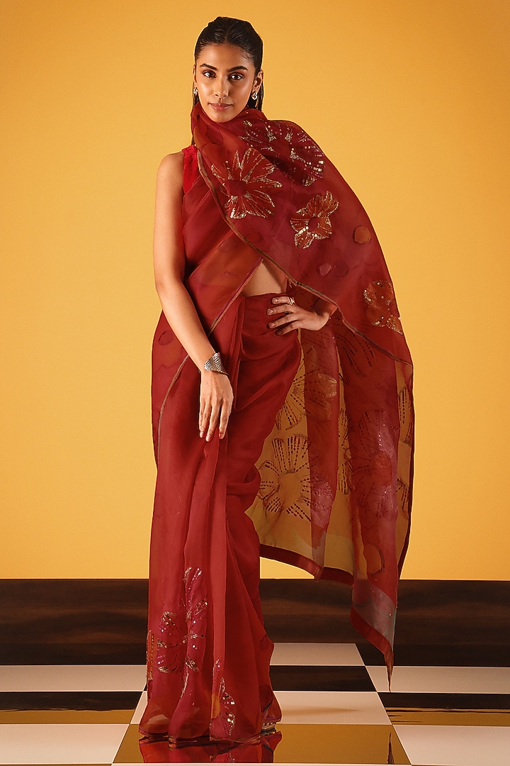 Red Silk Organza Sequin Embellished Wedding Saree by Satya Paul at Pernia's Pop Up Shop