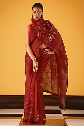 Red Silk Organza Sequin Embellished Saree by Satya Paul
