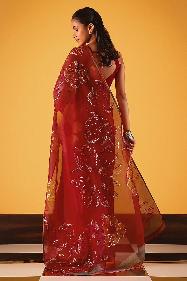 Red Silk Organza Sequin Embellished Wedding Saree by Satya Paul at Pernia's Pop Up Shop