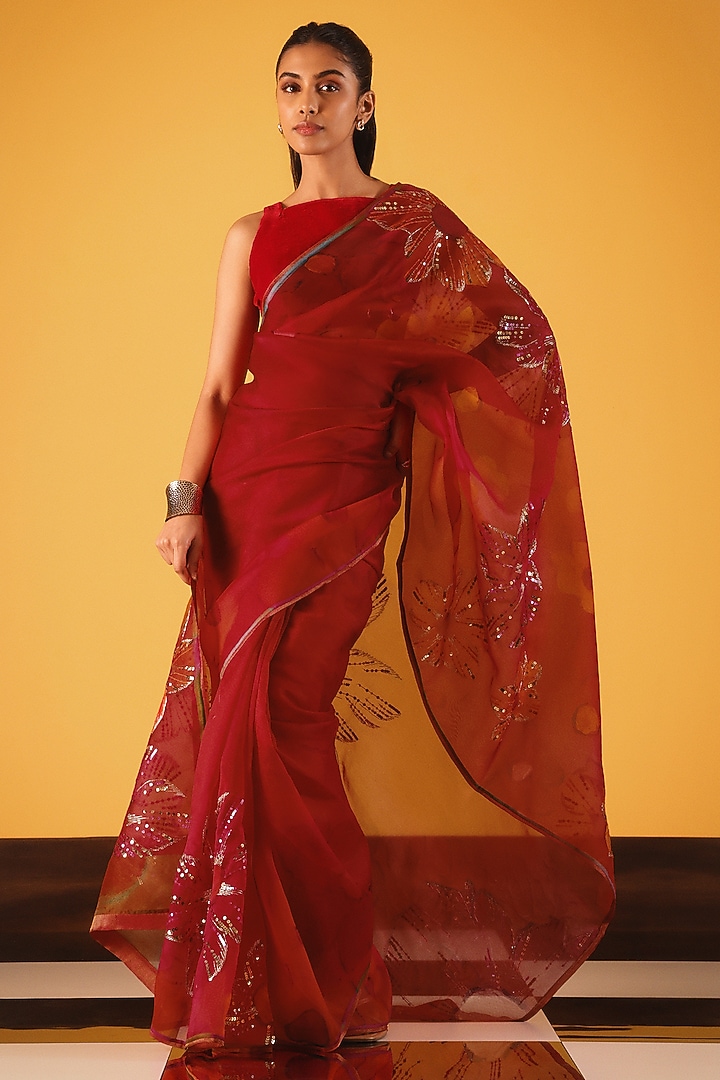 Red Silk Organza Sequin Embellished Wedding Saree by Satya Paul at Pernia's Pop Up Shop