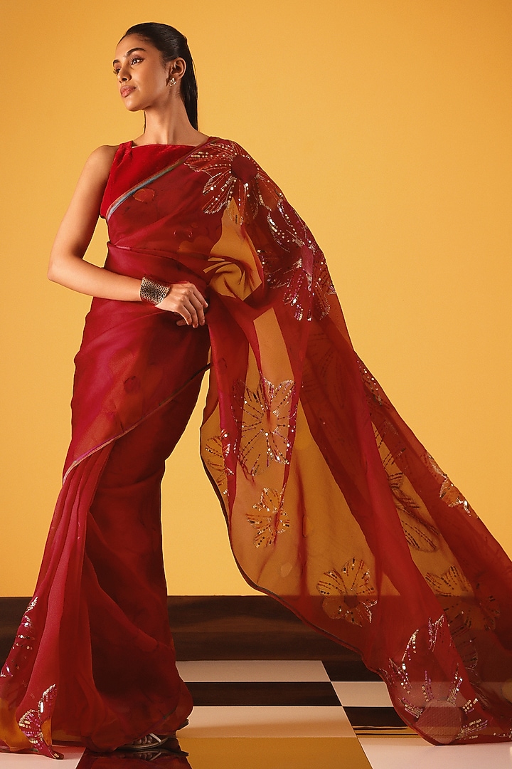 Red Silk Organza Sequin Embellished Wedding Saree by Satya Paul at Pernia's Pop Up Shop