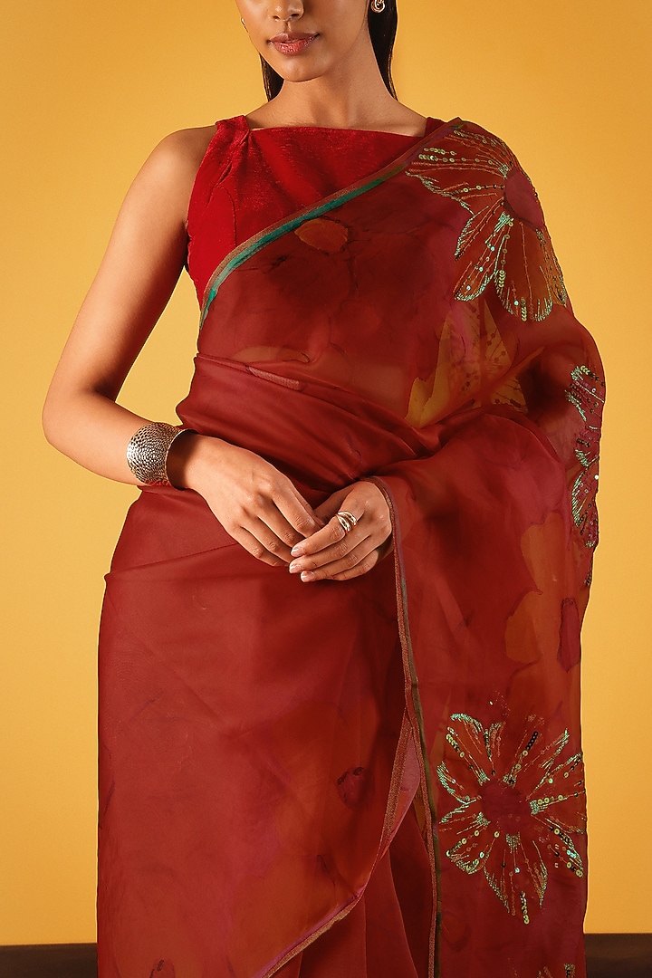 Red Silk Organza Sequin Embellished Wedding Saree by Satya Paul at Pernia's Pop Up Shop