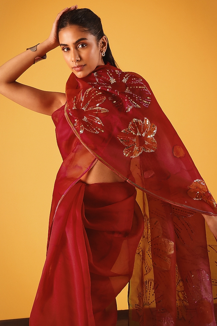 Red Silk Organza Sequin Embellished Wedding Saree by Satya Paul at Pernia's Pop Up Shop