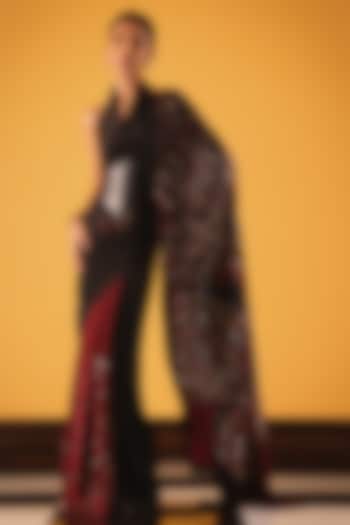 Black Silk Crepe Foliage Printed Wedding Saree by Satya Paul at Pernia's Pop Up Shop