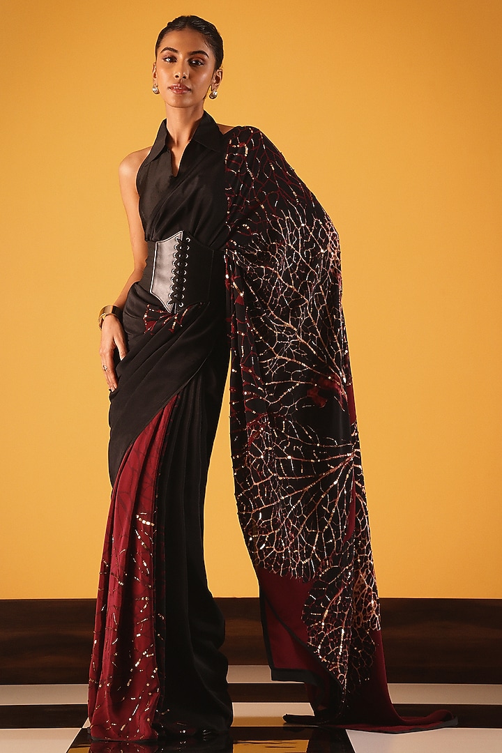 Black Silk Crepe Foliage Printed Wedding Saree by Satya Paul at Pernia's Pop Up Shop