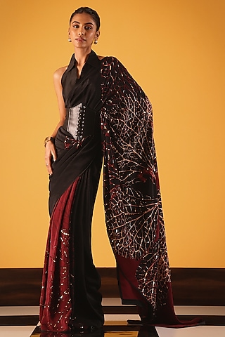 Black Silk Crepe Foliage Printed Saree by Satya Paul
