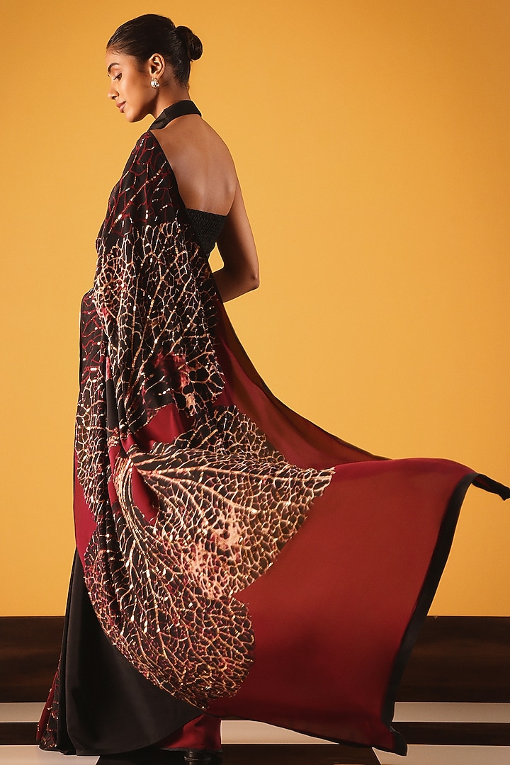 Black Silk Crepe Foliage Printed Wedding Saree by Satya Paul at Pernia's Pop Up Shop