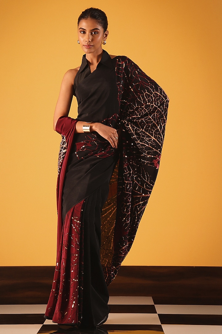 Black Silk Crepe Foliage Printed Wedding Saree by Satya Paul at Pernia's Pop Up Shop