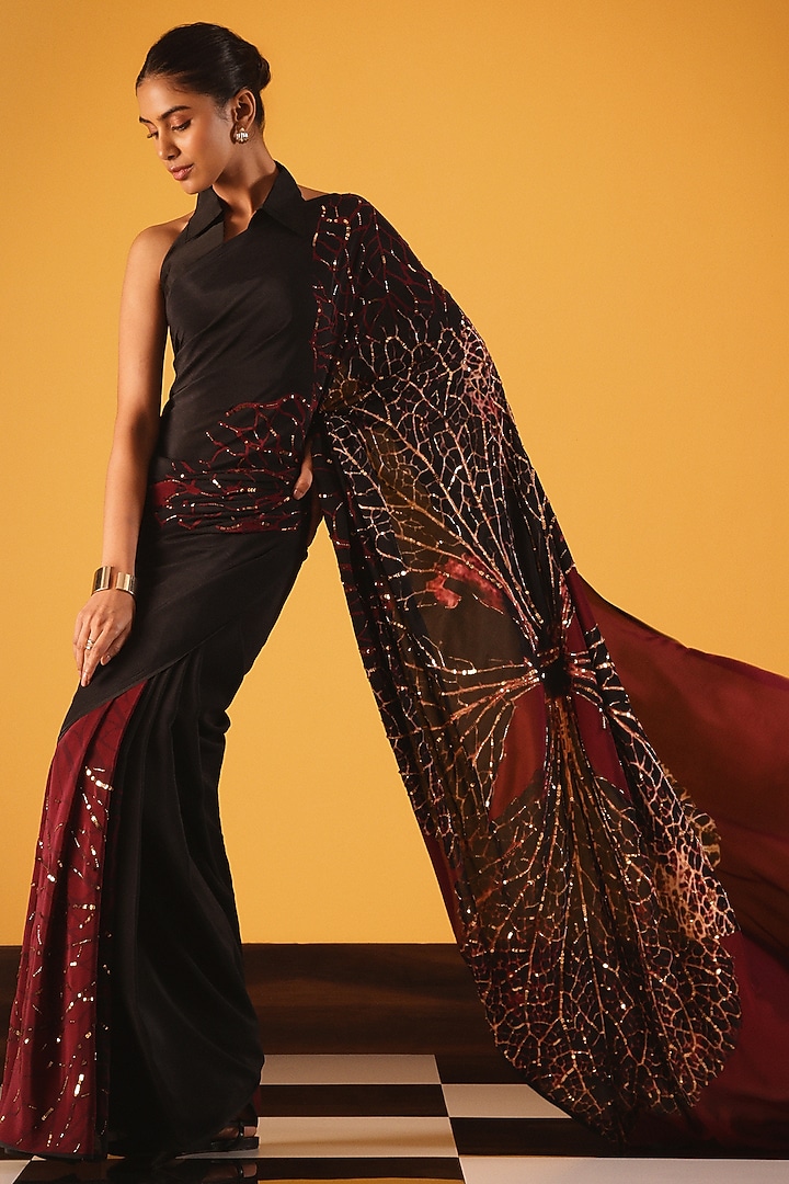 Black Silk Crepe Foliage Printed Wedding Saree by Satya Paul at Pernia's Pop Up Shop