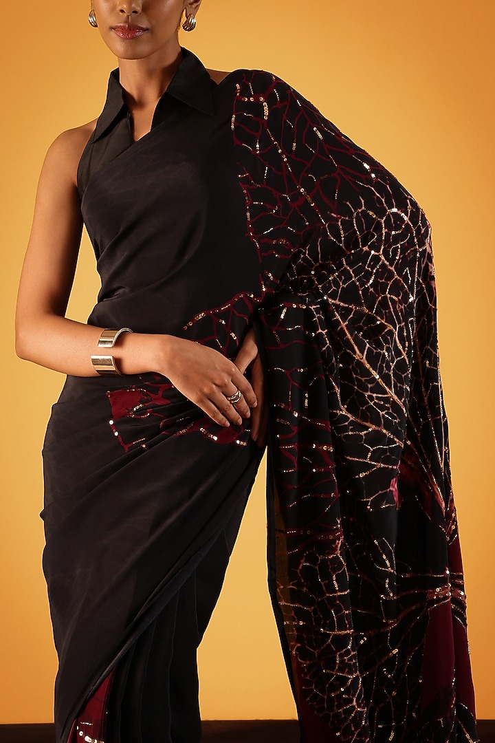 Black Silk Crepe Foliage Printed Wedding Saree by Satya Paul at Pernia's Pop Up Shop