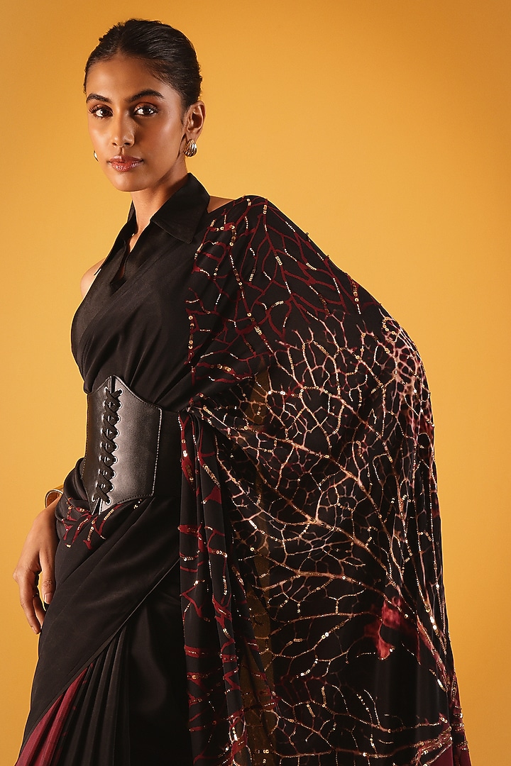 Black Silk Crepe Foliage Printed Wedding Saree by Satya Paul at Pernia's Pop Up Shop