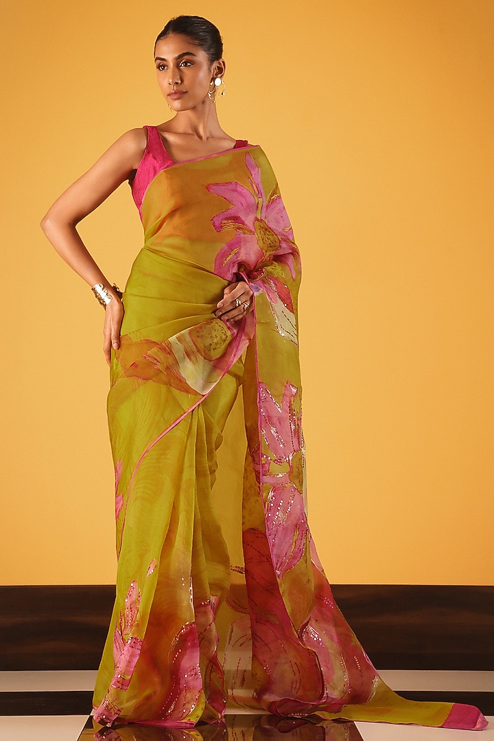 Yellow Silk Organza Sequins Embellished Wedding Saree by Satya Paul at Pernia's Pop Up Shop