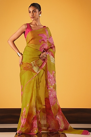Yellow Silk Organza Sequins Embellished Saree by Satya Paul