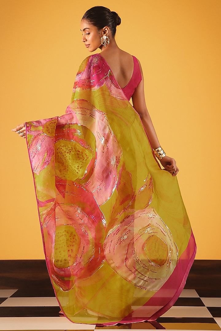 Yellow Silk Organza Sequins Embellished Wedding Saree by Satya Paul at Pernia's Pop Up Shop