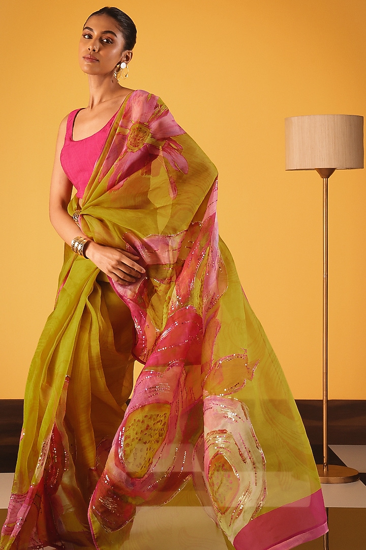 Yellow Silk Organza Sequins Embellished Wedding Saree by Satya Paul at Pernia's Pop Up Shop