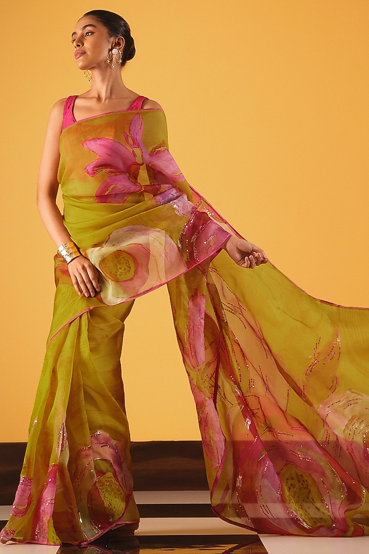 Yellow Silk Organza Sequins Embellished Wedding Saree by Satya Paul at Pernia's Pop Up Shop