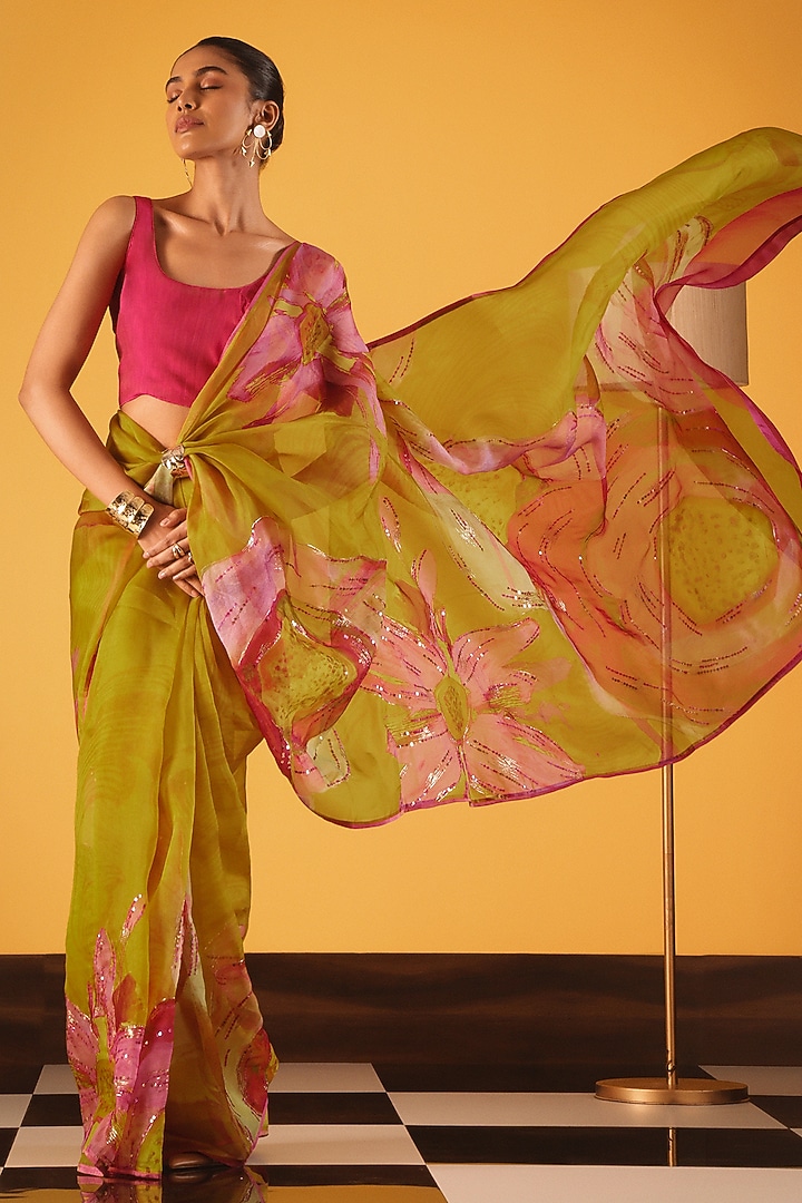 Yellow Silk Organza Sequins Embellished Wedding Saree by Satya Paul at Pernia's Pop Up Shop