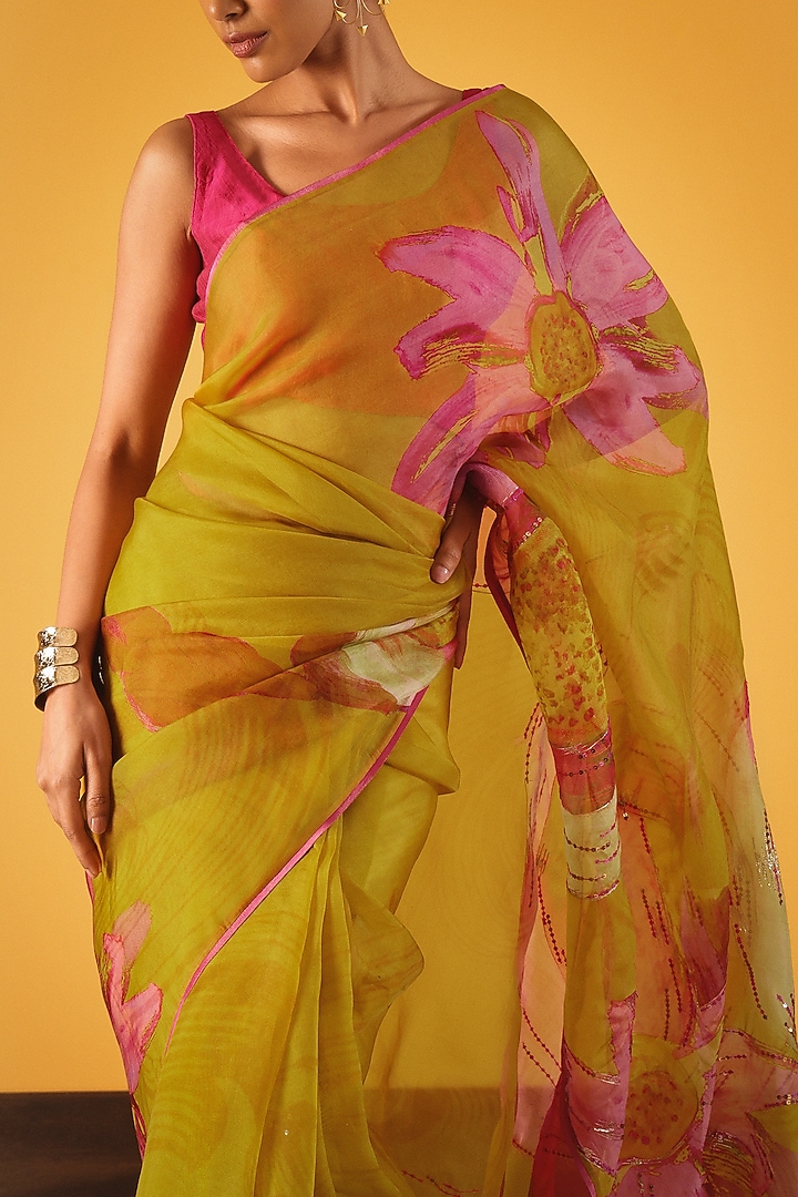 Yellow Silk Organza Sequins Embellished Wedding Saree by Satya Paul at Pernia's Pop Up Shop
