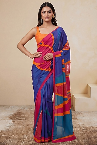 Blue Silk Crepe Saree by Satya Paul