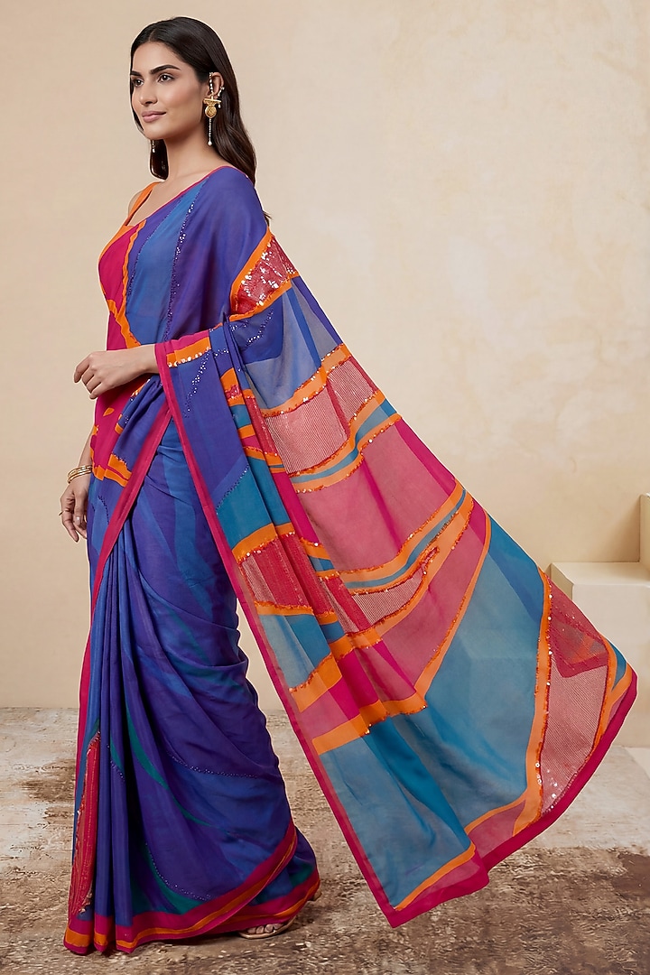 Blue Silk Crepe Wedding Saree by Satya Paul at Pernia's Pop Up Shop
