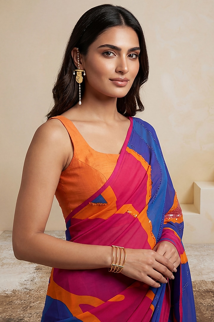 Blue Silk Crepe Wedding Saree by Satya Paul at Pernia's Pop Up Shop