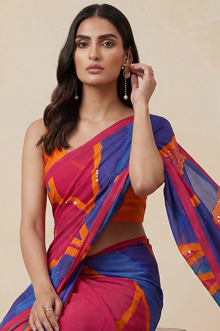 Blue Silk Crepe Wedding Saree by Satya Paul at Pernia's Pop Up Shop
