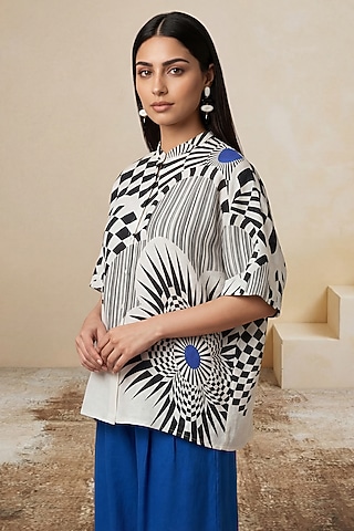 Black & White Linen Striped Printed Tunic by Satya Paul