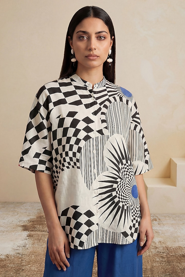Black & White Linen Striped Printed Tunic by Satya Paul at Pernia's Pop Up Shop