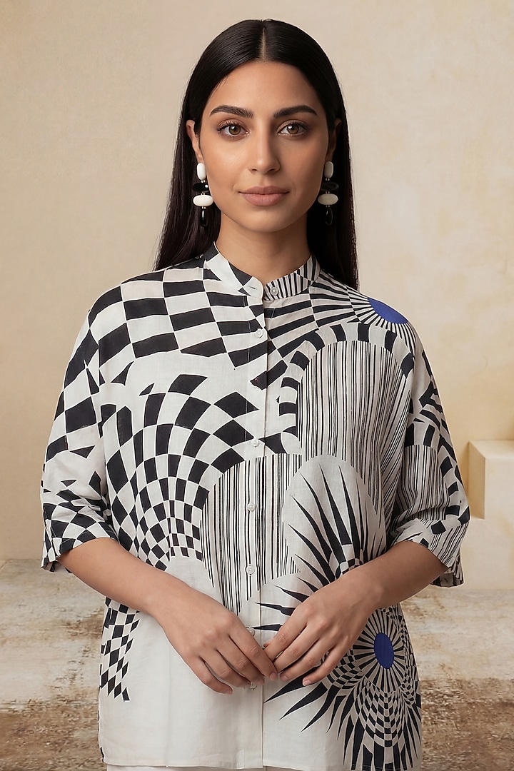 Black & White Linen Striped Printed Tunic by Satya Paul at Pernia's Pop Up Shop