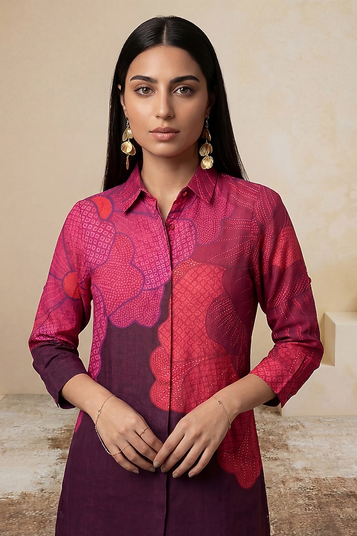 Pink & Magenta Linen Floral High-Low Tunic by Satya Paul at Pernia's Pop Up Shop