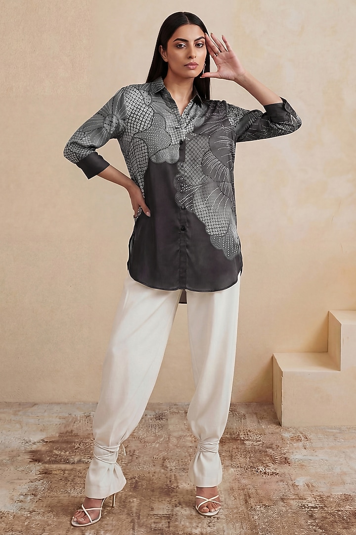 Black Poly Satin & Linen Floral High-Low Tunic by Satya Paul at Pernia's Pop Up Shop