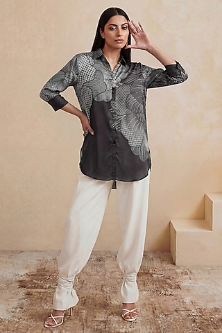 Black Poly Satin & Linen Floral High-Low Tunic by Satya Paul