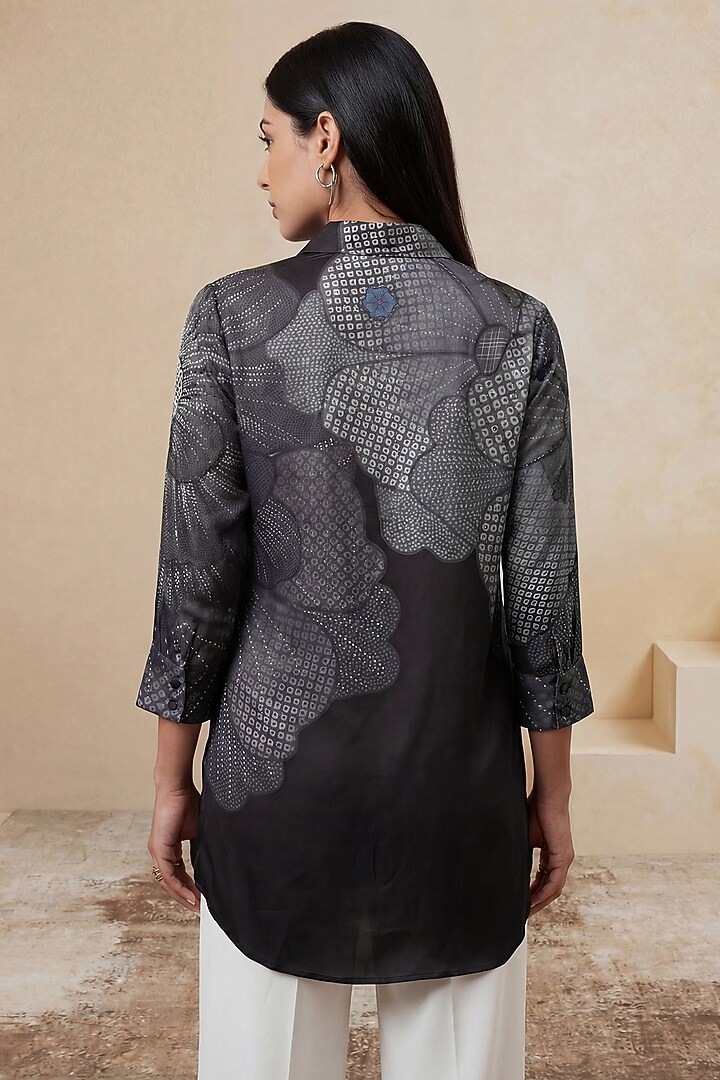 Black Poly Satin & Linen Floral High-Low Tunic by Satya Paul at Pernia's Pop Up Shop