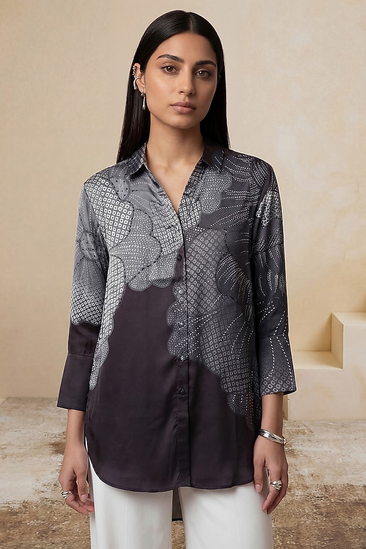 Black Poly Satin & Linen Floral High-Low Tunic by Satya Paul at Pernia's Pop Up Shop