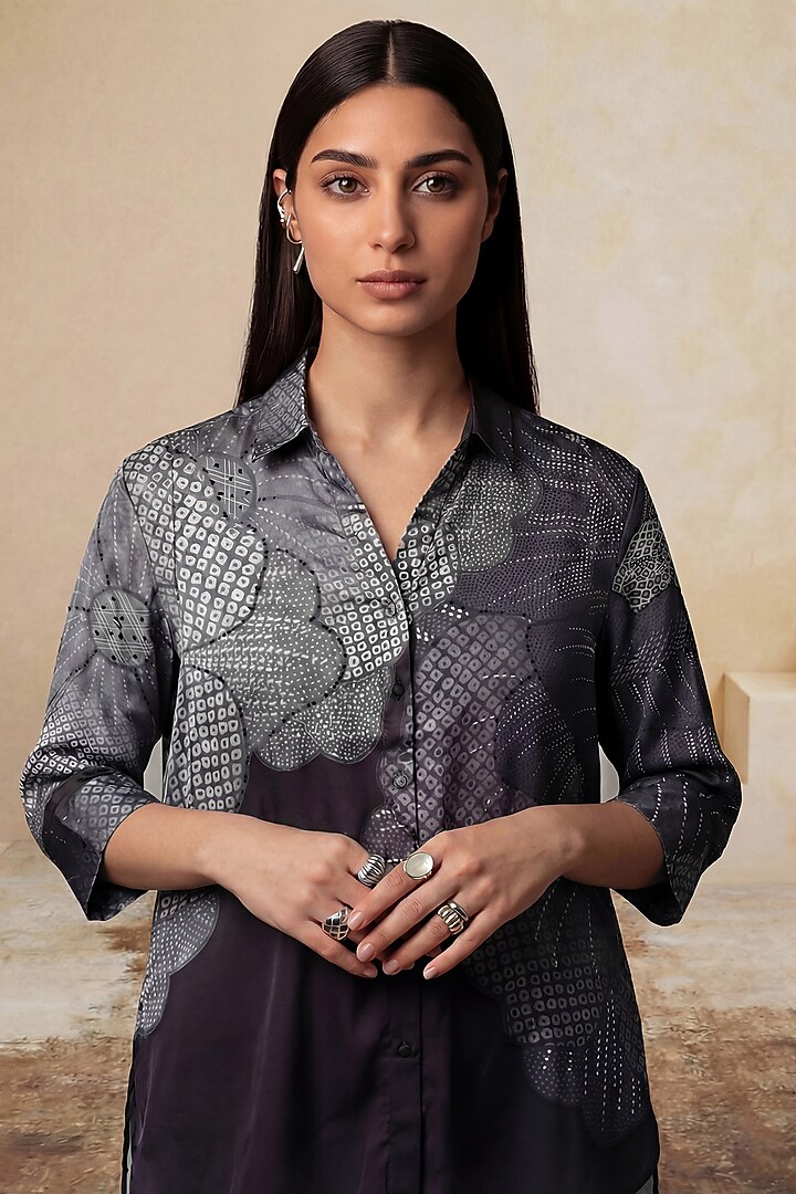 Black Poly Satin & Linen Floral High-Low Tunic by Satya Paul at Pernia's Pop Up Shop