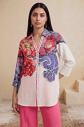 Red Linen High-Low Floral Tunic by Satya Paul