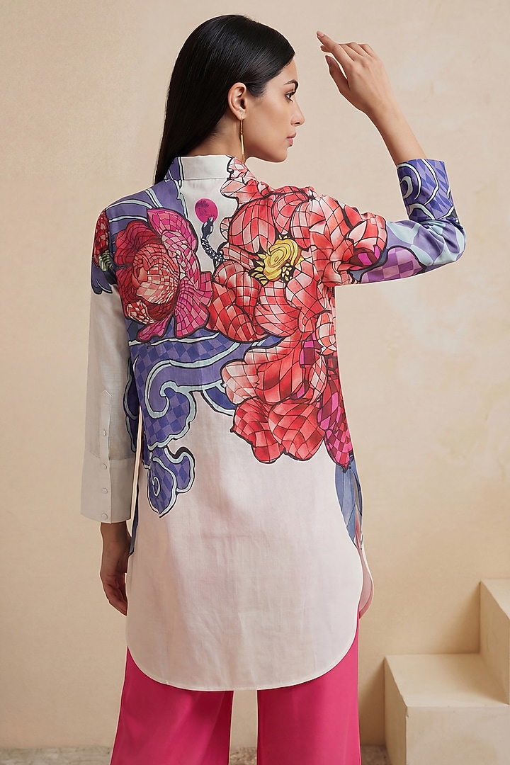 Red Linen High-Low Floral Tunic by Satya Paul at Pernia's Pop Up Shop