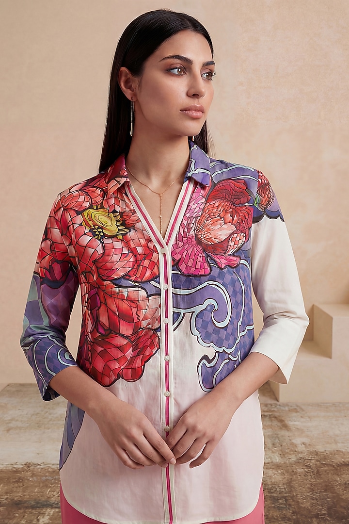 Red Linen High-Low Floral Tunic by Satya Paul at Pernia's Pop Up Shop