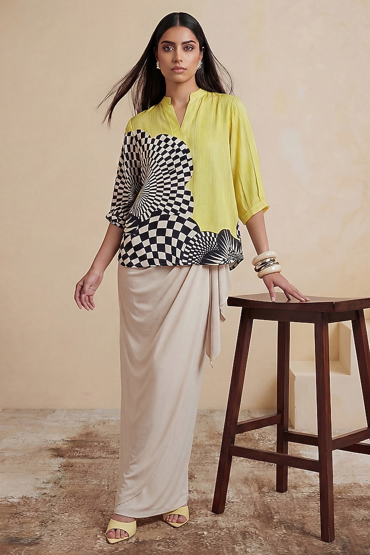 Lemon Yellow Viscose Crepe Checkered Printed Tunic by Satya Paul at Pernia's Pop Up Shop