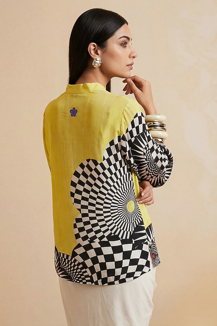 Lemon Yellow Viscose Crepe Checkered Printed Tunic by Satya Paul at Pernia's Pop Up Shop