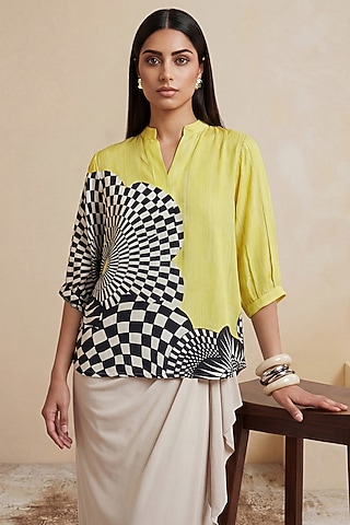 Lemon Yellow Viscose Crepe Checkered Printed Tunic by Satya Paul