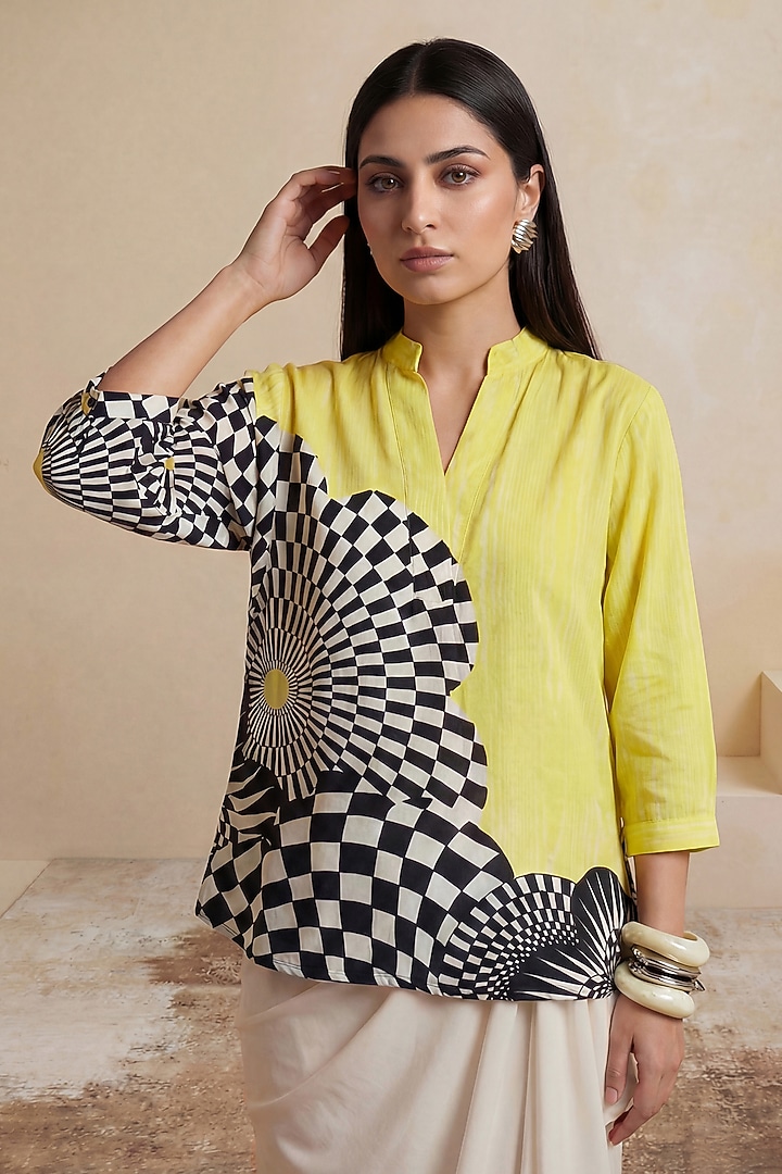 Lemon Yellow Viscose Crepe Checkered Printed Tunic by Satya Paul at Pernia's Pop Up Shop