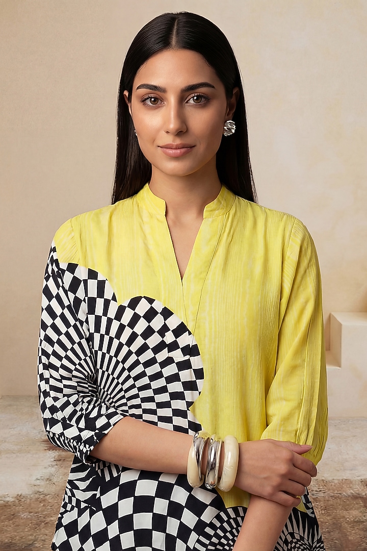 Lemon Yellow Viscose Crepe Checkered Printed Tunic by Satya Paul at Pernia's Pop Up Shop
