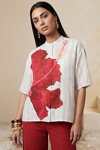 Off-White Linen Hibiscus Printed Wrap Tunic by Satya Paul