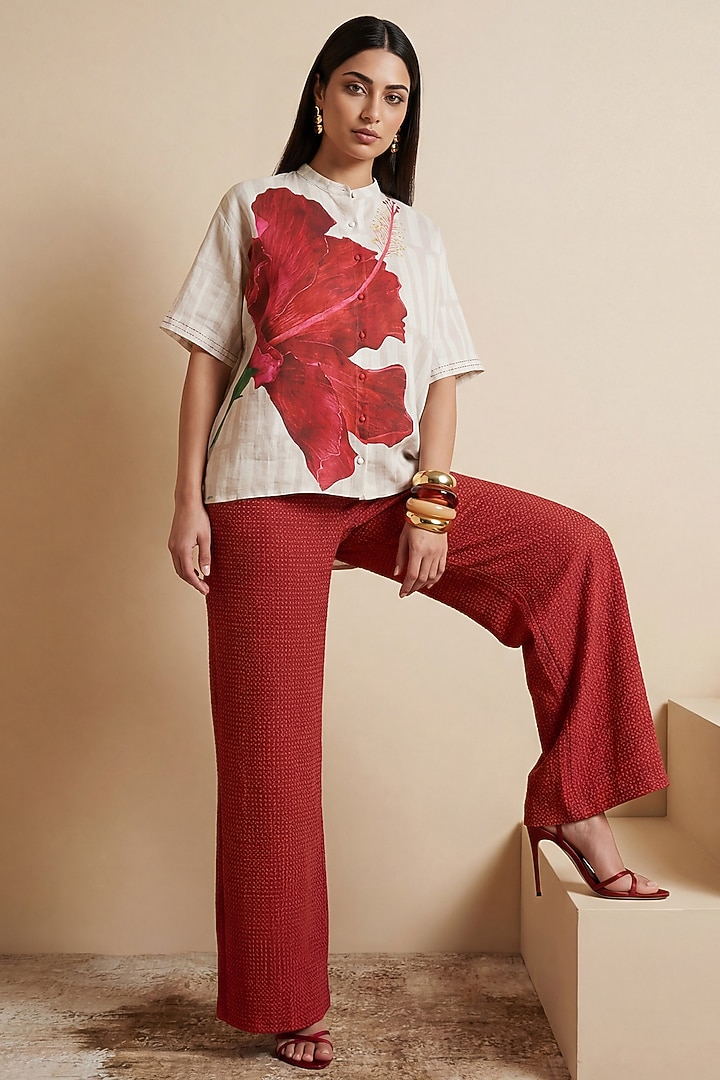 Off-White Linen Hibiscus Printed Wrap Tunic by Satya Paul at Pernia's Pop Up Shop