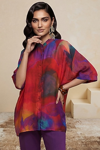 Red Viscose Crepe Abstract Printed Tunic by Satya Paul