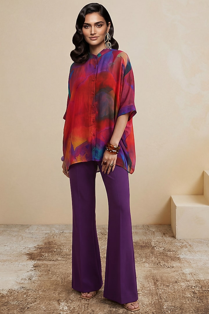 Red Viscose Crepe Abstract Printed Tunic by Satya Paul at Pernia's Pop Up Shop