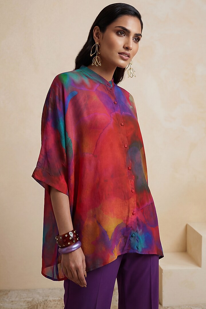 Red Viscose Crepe Abstract Printed Tunic by Satya Paul at Pernia's Pop Up Shop