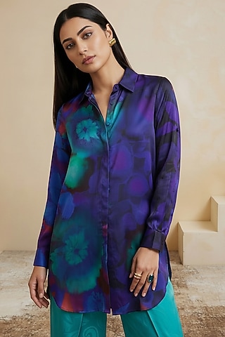 Ink Blue Poly Satin Abstract Printed Shirt by Satya Paul